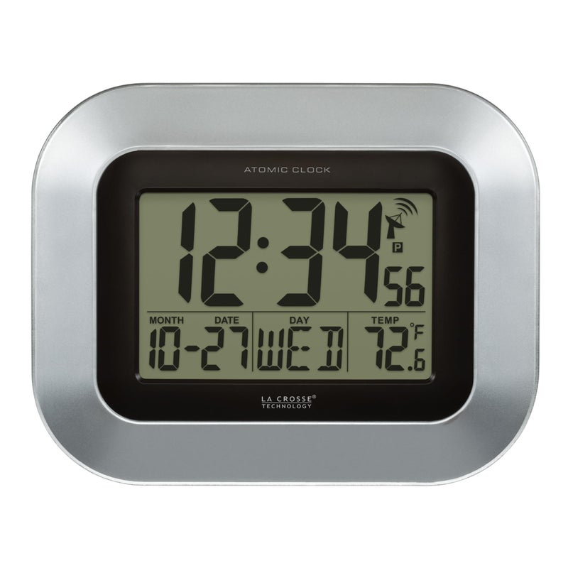 La Crosse Technology WT-8005U-S Atomic Digital Wall Clock with Indoor Temperature, Silver - Image 1